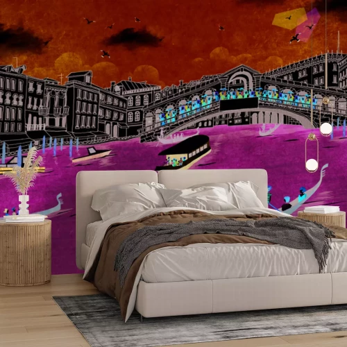 Fototapete Handgezeichneter Rialto-Brücke mit Gondeln