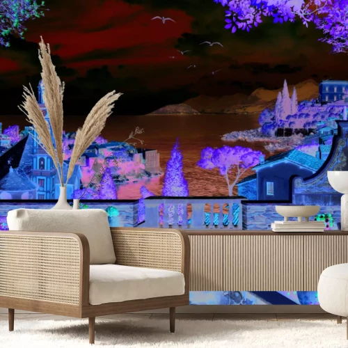 Fototapete Magische Landschaft mit einer Kirche vor dem Meer und den Bergen