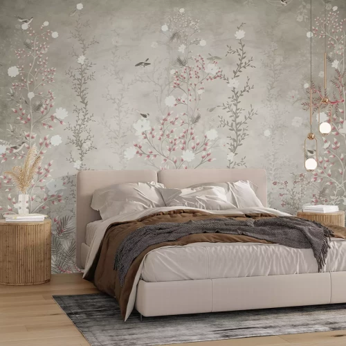 Fototapete Üppige Vegetation auf der Wiese mit Vögeln