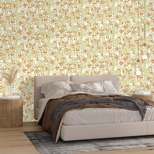 Fototapete Kleine rote Blumen zwischen Blättern