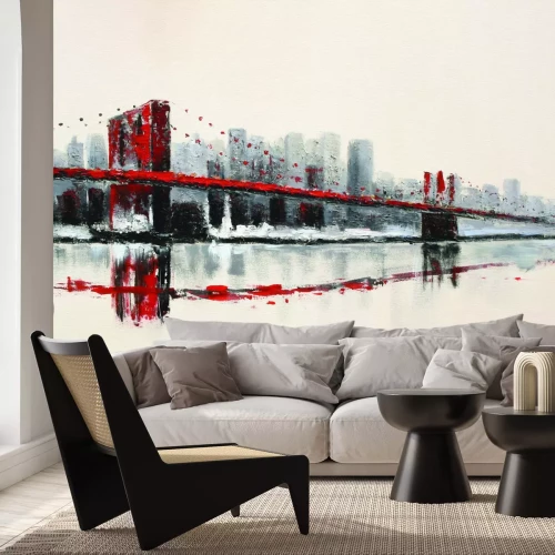 Fototapete Gemalter roter Brücke vor der Kulisse der Stadt