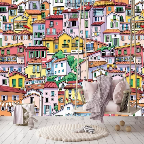 Fototapete Landschaft mit bunten Mietshäusern