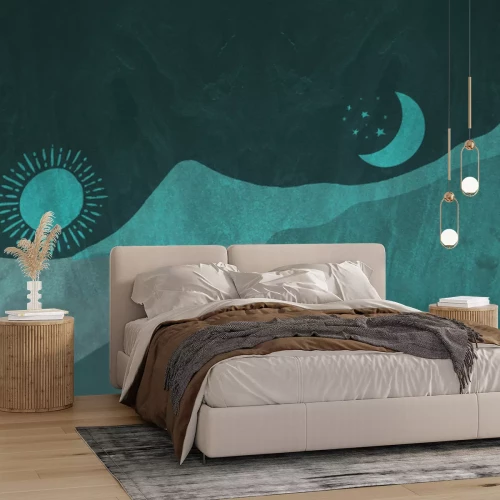 Fototapete Zeichnung einer Wüste mit Sonne und Mond