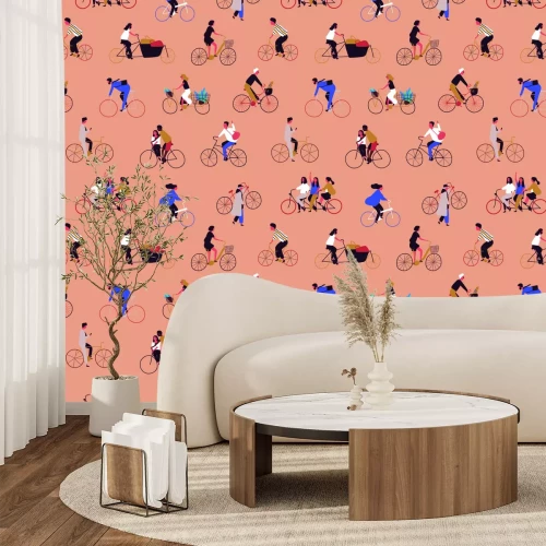 Fototapete Menschen, die auf einem orangefarbenen Hintergrund Fahrrad fahren