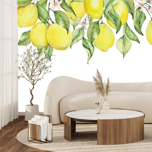 Fototapete Bemalte Zitronen zwischen Blättern und Blumen