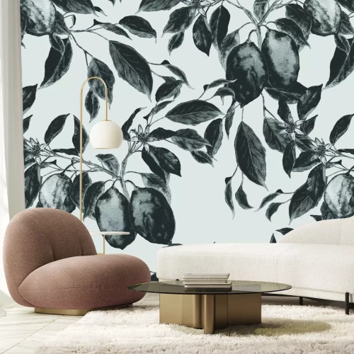 Fototapete Schwarz-weißes Muster eines Obstbaums