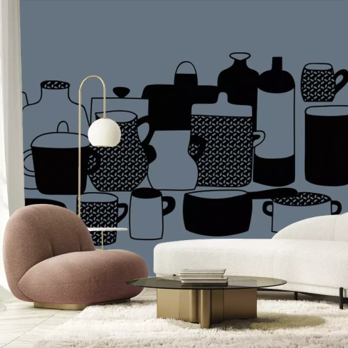 Fototapete Zeichnung von Porzellan Töpfen und Krügen