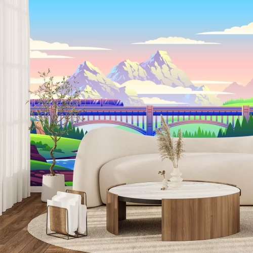 Fototapete Landschaft eines fahrenden Zuges vor Bergkulisse