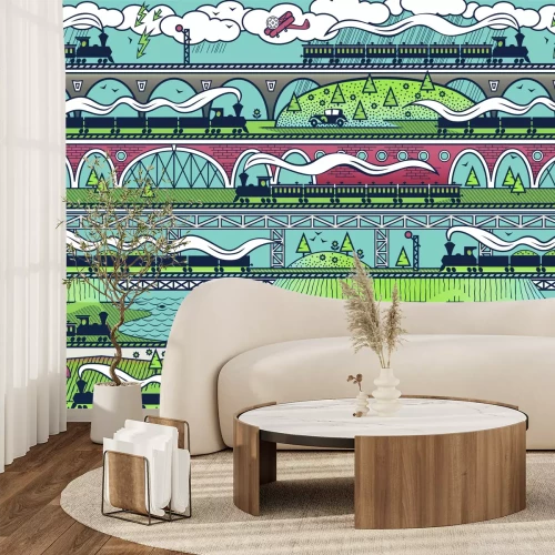 Fototapete Bahnhof mit Brücken und Vegetation