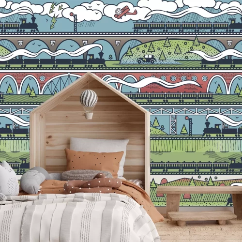 Fototapete Bahnhof mit Brücken und Vegetation