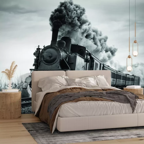 Fototapete Schwarz-weißes Foto einer fahrenden Dampflokomotive