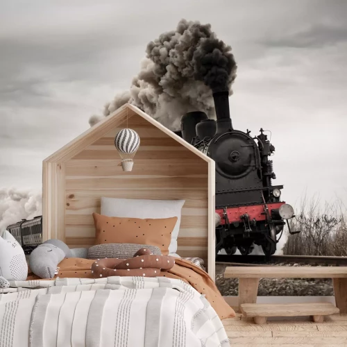 Fototapete Rasende Dampflokomotive auf den Gleisen