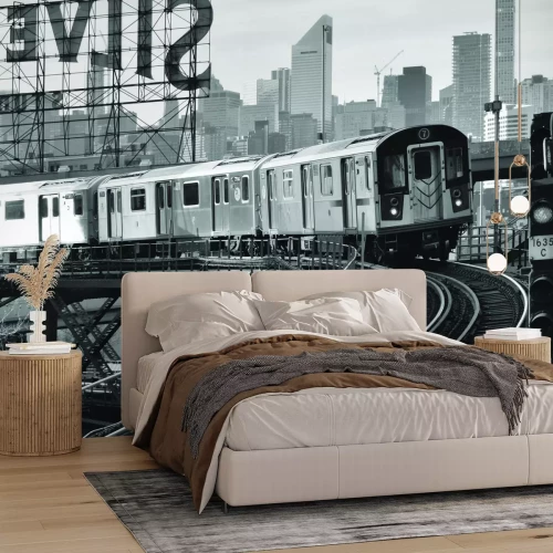 Fototapete Schwarz-weißes Foto eines Zuges auf Gleisen