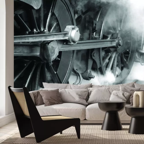 Fototapete Schwarz-weißes Foto von Zugrädern