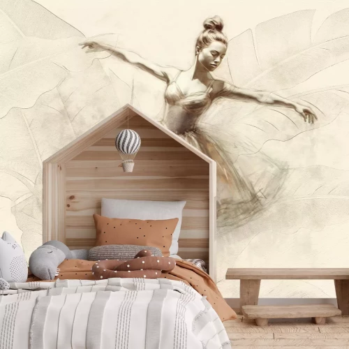 Fototapete Ballerina im Kleid vor tropischem Blatt-Hintergrund