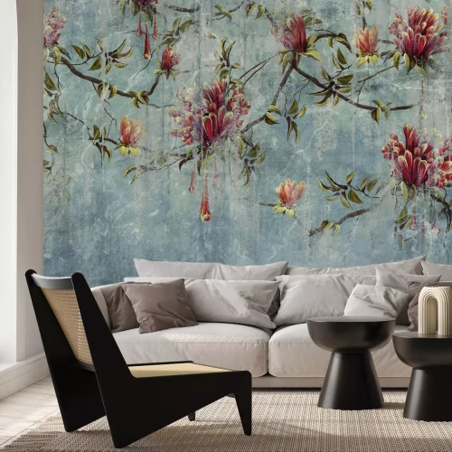 Fototapete Baumzweige mit Blumen auf rustikalem Hintergrund