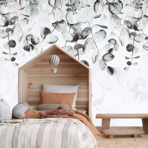 Fototapete Zarte graue Blätter auf hellem Hintergrund