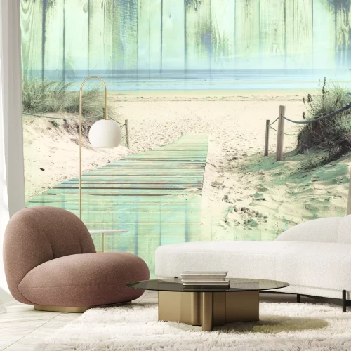 Fototapete Strand mit einem Steg aus Imitation von Holzbohlen