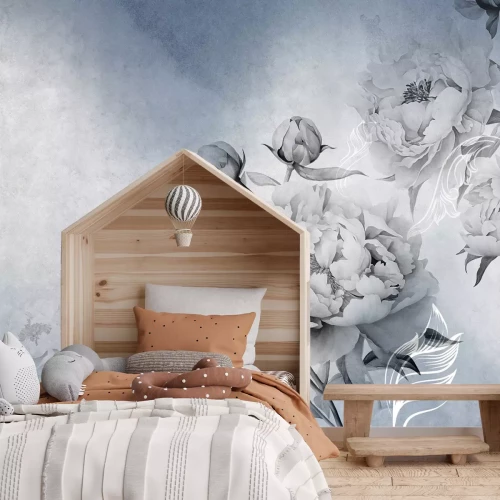 Fototapete Pfingstrosenblumen auf blauem Hintergrund