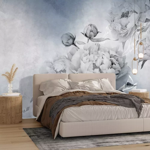 Fototapete Pfingstrosenblumen auf blauem Hintergrund