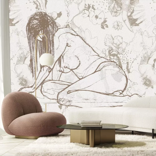 Fototapete Skizze eines Frauenkörpers vor einem Blumenhintergrund