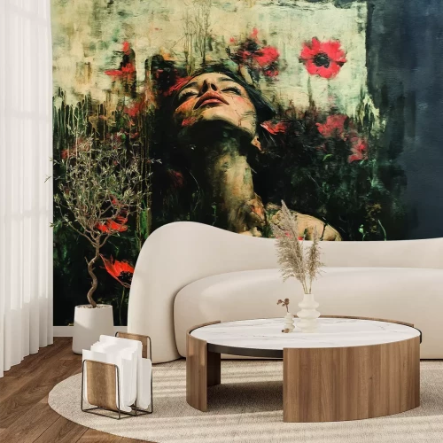 Fototapete Frau unter Mohnblumen an einer Wand