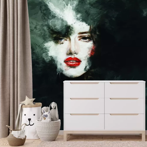 Fototapete Porträt einer Frau mit roten Lippen in Schwarz