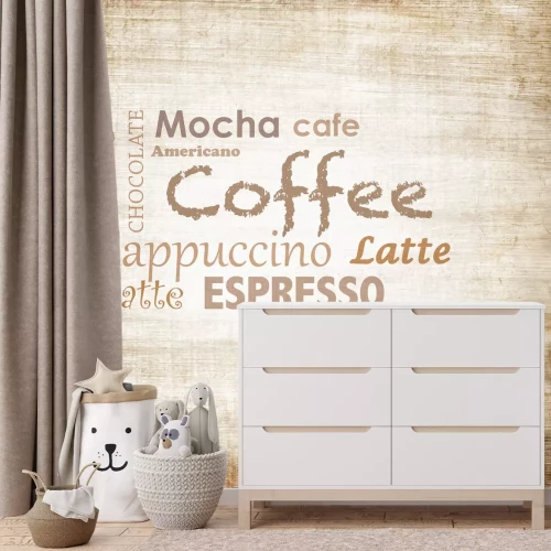 Fototapete Beschriftungen mit Kaffeesorten auf Holz