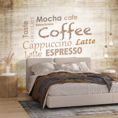 Fototapete Beschriftungen mit Kaffeesorten auf Holz