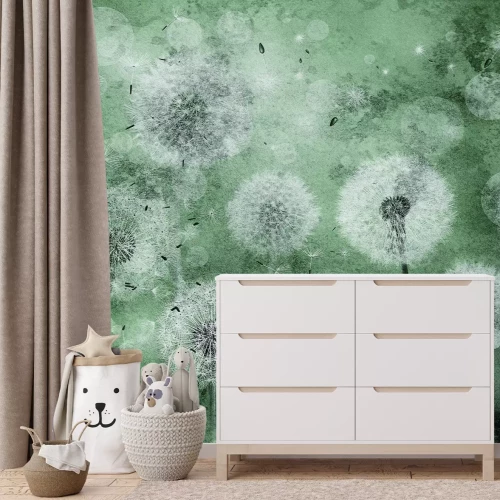 Fototapete Löwenzähne auf grünem Hintergrund