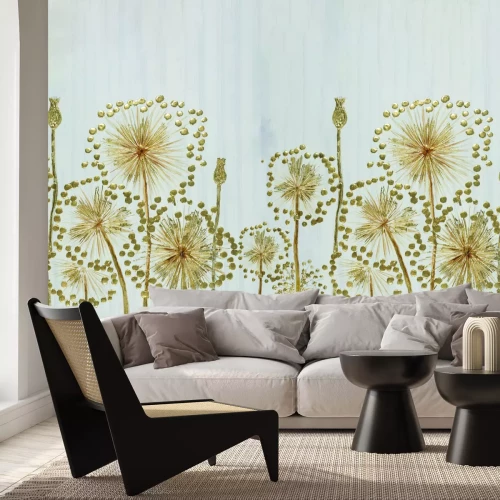 Fototapete Gemalte goldene Blumen auf grauem Hintergrund