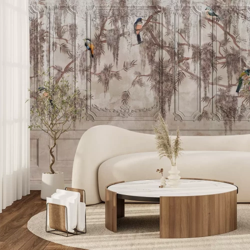 Fototapete Stuck mit Waldvögeln und Zweigen