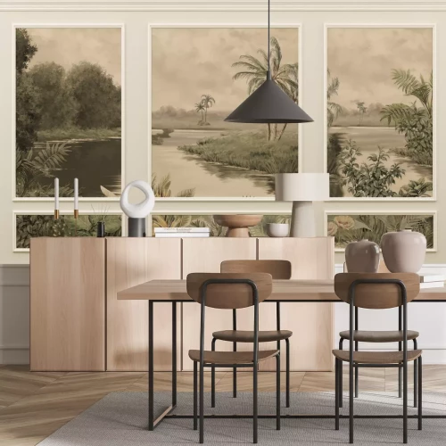 Fototapete Tropischer Fluss mit Palmen in Stuckverzierung