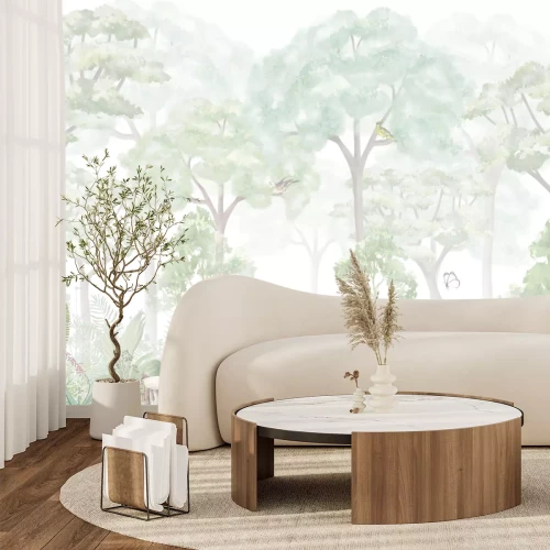 Fototapete Zarte Waldlandschaft mit Vögeln