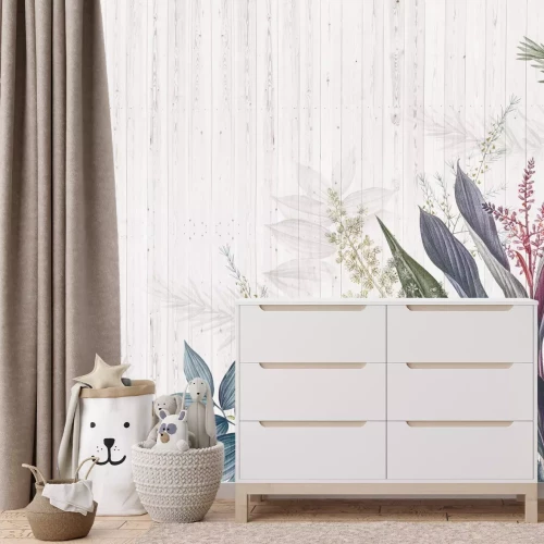 Fototapete Bunte tropische Blätter auf Holz