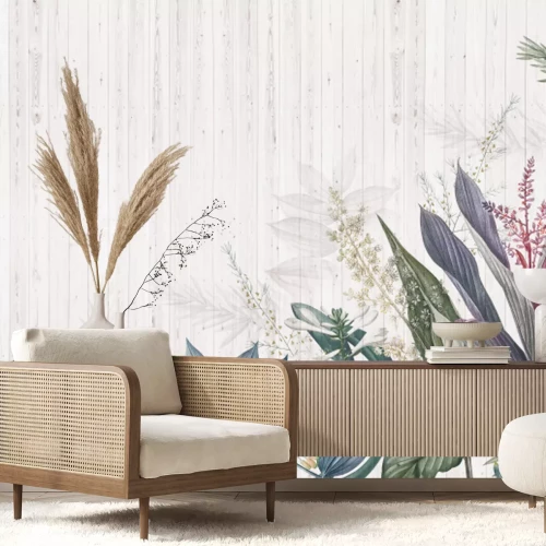 Fototapete Bunte tropische Blätter auf Holz