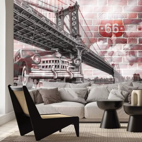 Fototapete Retro-Auto vor der Brooklyn Bridge und Route 66