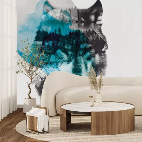 Fototapete Imitation eines Wolfs in einer Waldlandschaft