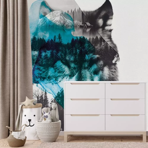 Fototapete Imitation eines Wolfs in einer Waldlandschaft