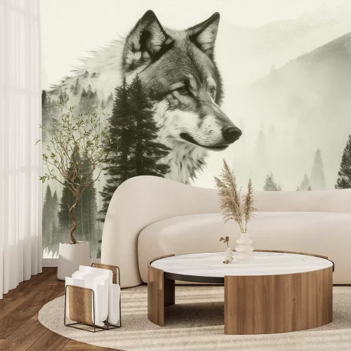 Fototapete Wolf im Nadelwald