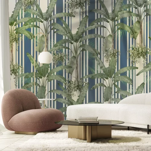 Fototapete Palmblätter vor einem Hintergrund aus blauen Streifen