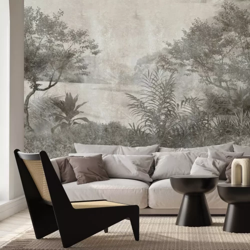 Fototapete Üppige Waldvegetation in Grautönen