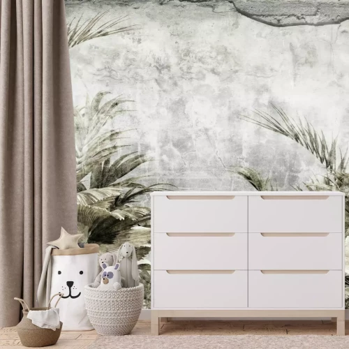 Fototapete Tropische Blätter auf Betonhintergrund