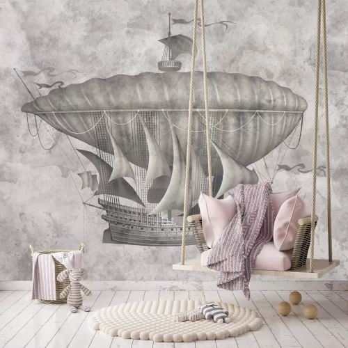 Fototapete Fliegendes Schiff im Vintage-Stil