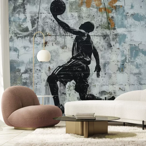 Fototapete Mann Basketballspieler mit einem Ball an der Wand