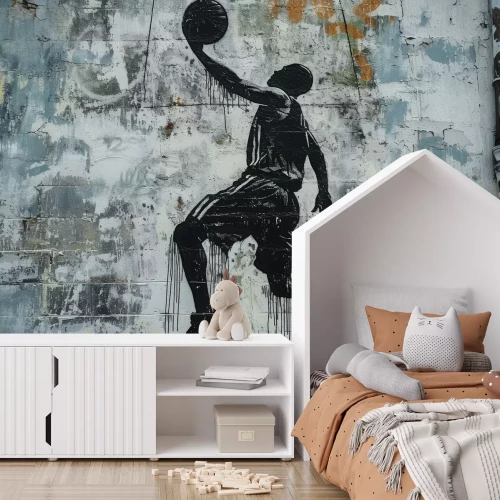 Fototapete Mann Basketballspieler mit einem Ball an der Wand