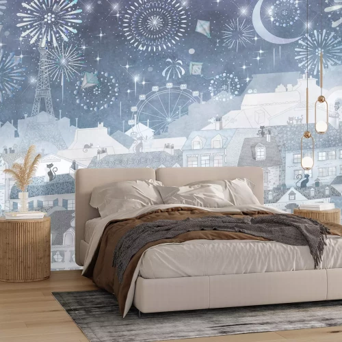 Fototapete Stadt mit dem Eiffelturm und Feuerwerk