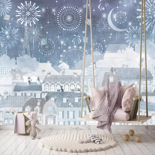 Fototapete Stadt mit dem Eiffelturm und Feuerwerk