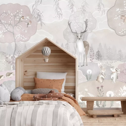 Fototapete Blumige Hügel mit einem Hirsch und Bäumen