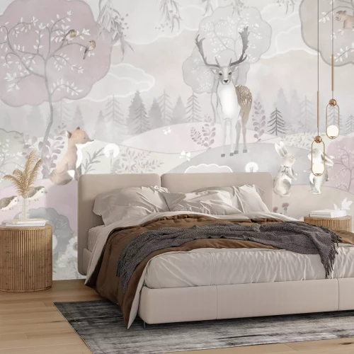 Fototapete Blumige Hügel mit einem Hirsch und Bäumen